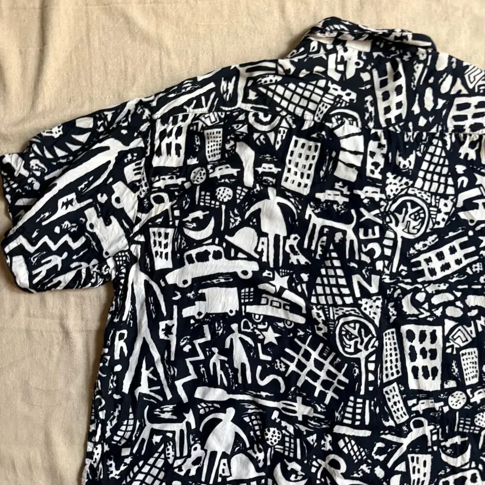 VTG 90s Pink Dragon Neiman Marcus Rayon Abstract City Loop Collar Shirt Men's XL